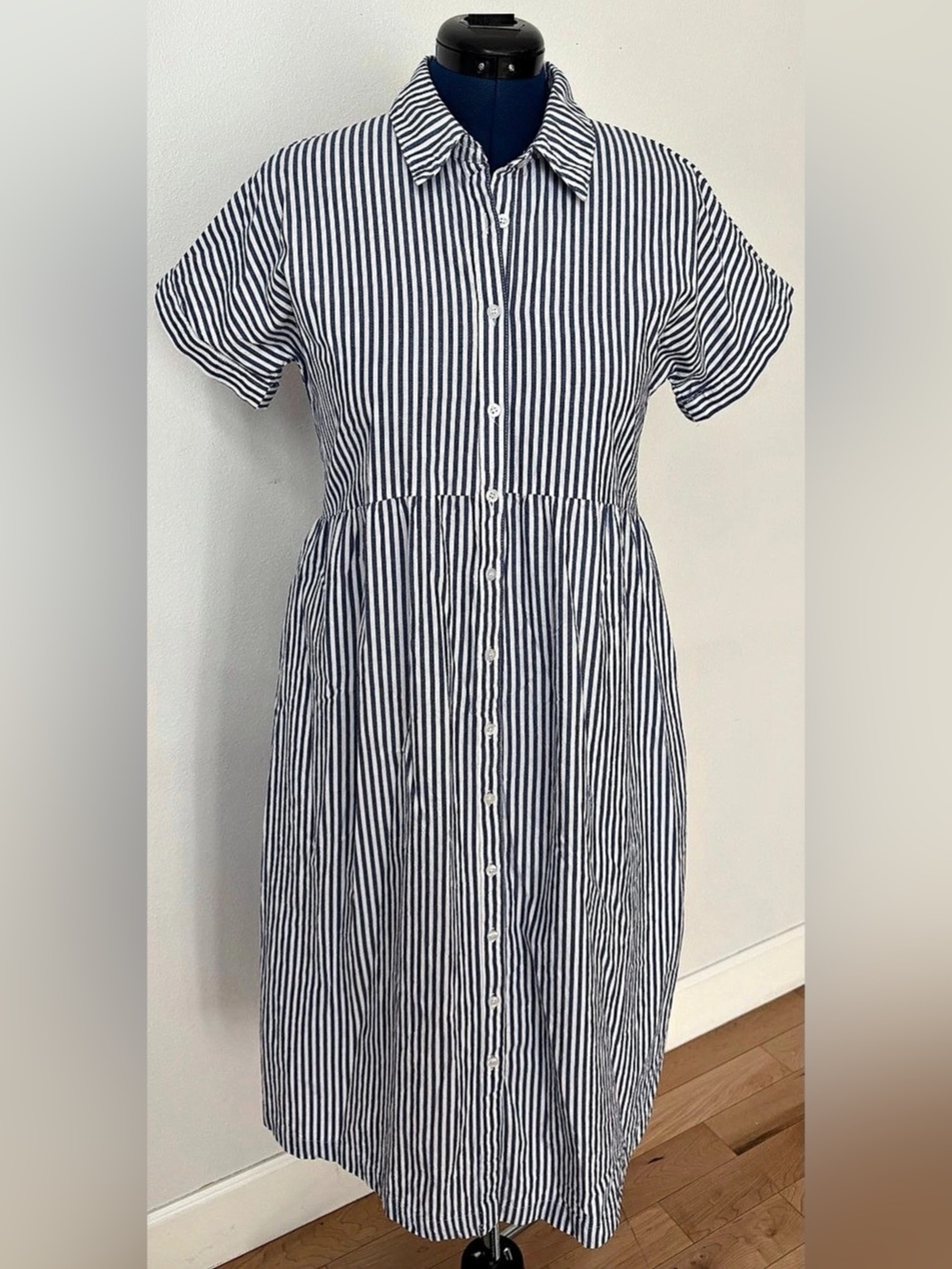 Blue & White Striped 100% Cotton Midi Dress Size-M